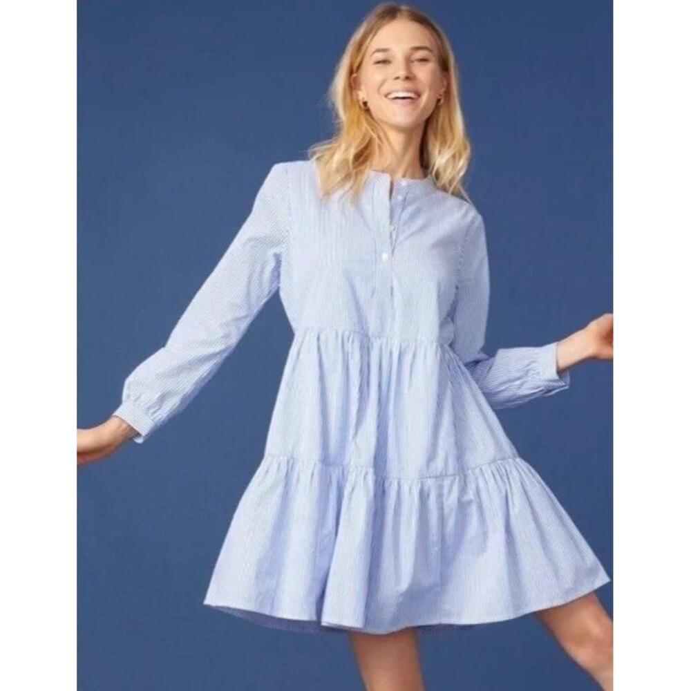 J.‎ Crew Factory Women Striped Stretch Cotton Poplin Tiered Dress Sz Large Lined